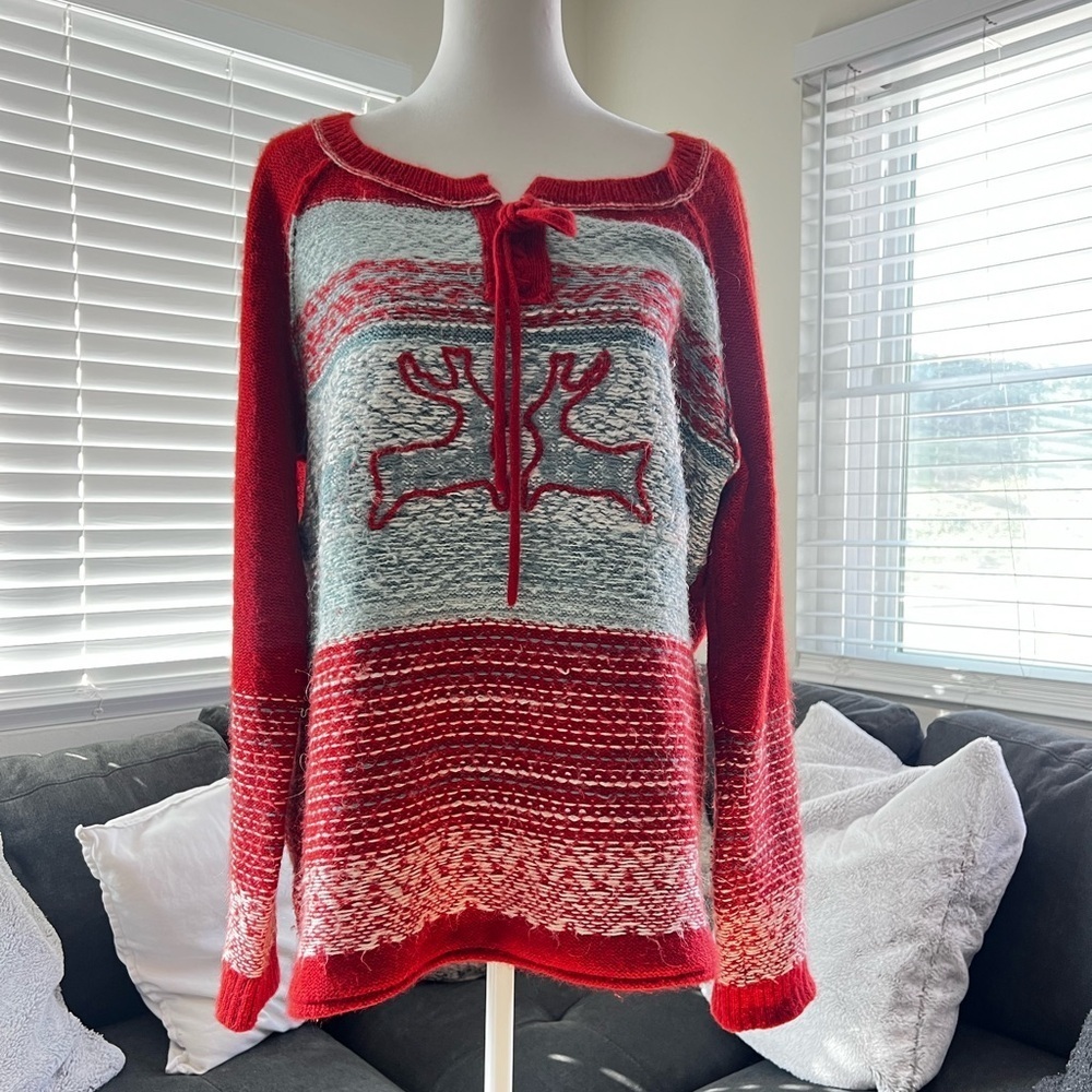 Free People Red and Gray Reindeer Sweater